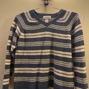 Navy and Cream Striped V-Neck Sweater
